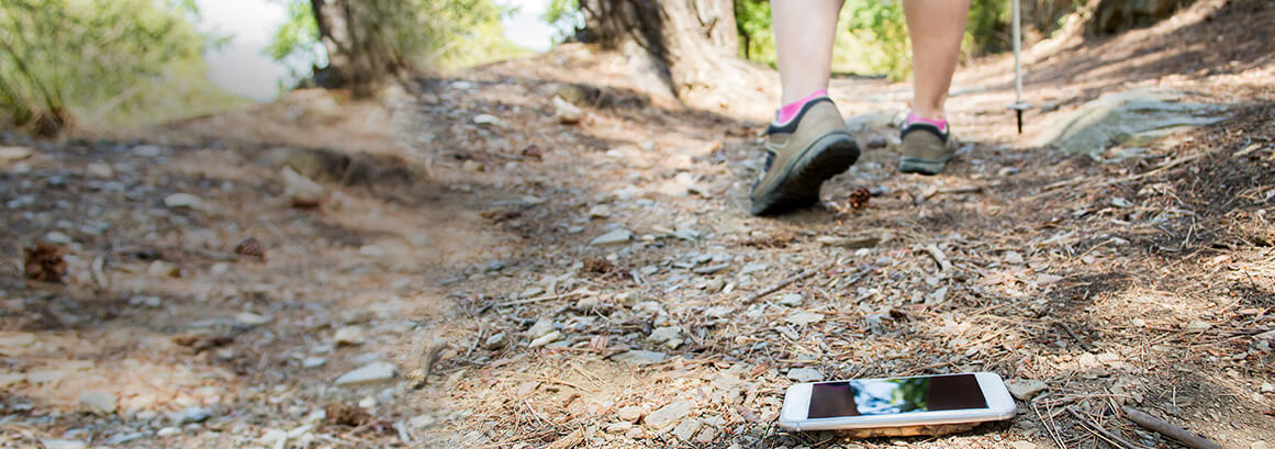Eine Person scheint ihr Handy verloren zu haben. Ihr Handy liegt auf dem Waldboden und die Person geht weiter.