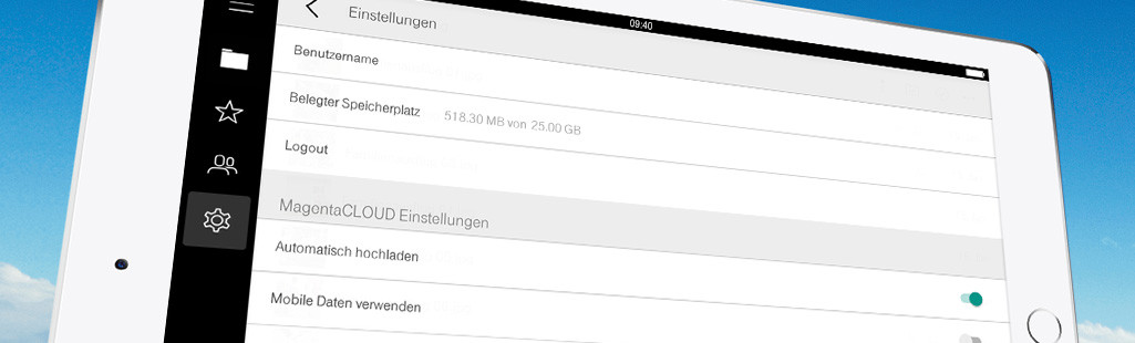 Screenshot aus der MagentaCloud App, der die Einstellungsfunktion „Automatisches hochladen“ von Bildern zeigt. 