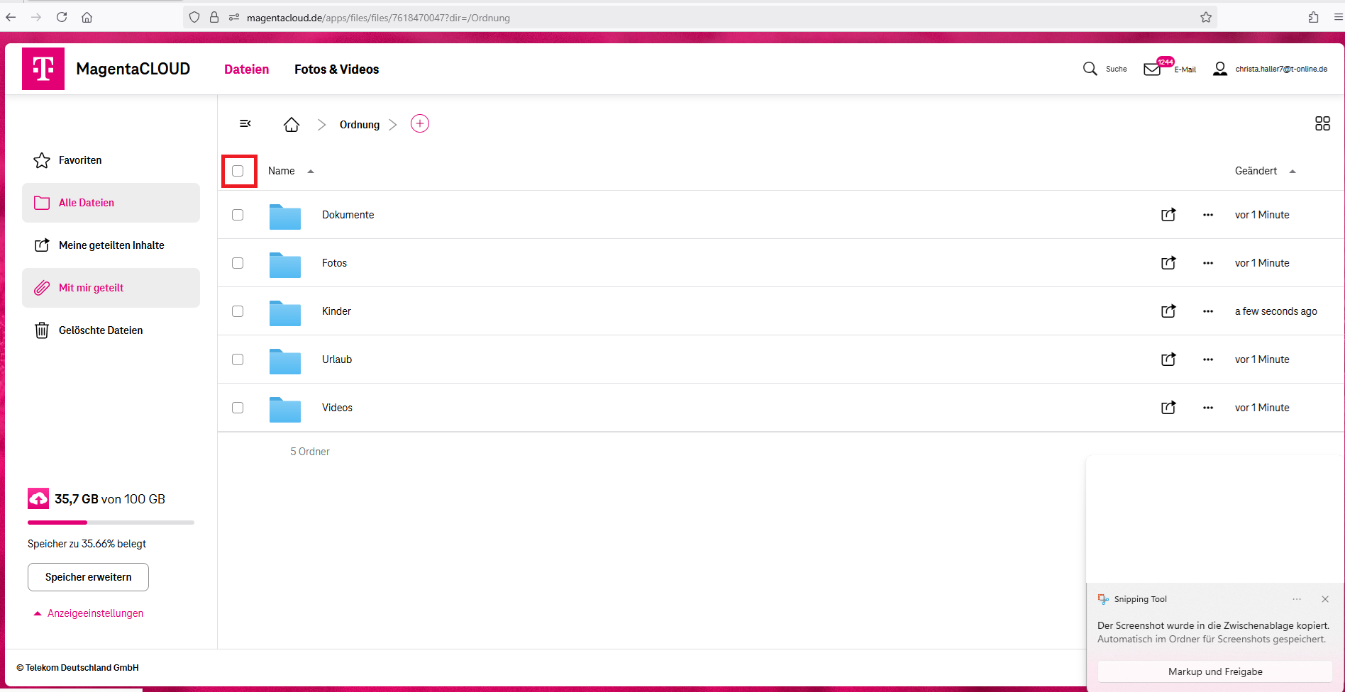 Screenshot aus der MagentaCloud Anwendung:Datenschutz Übersicht