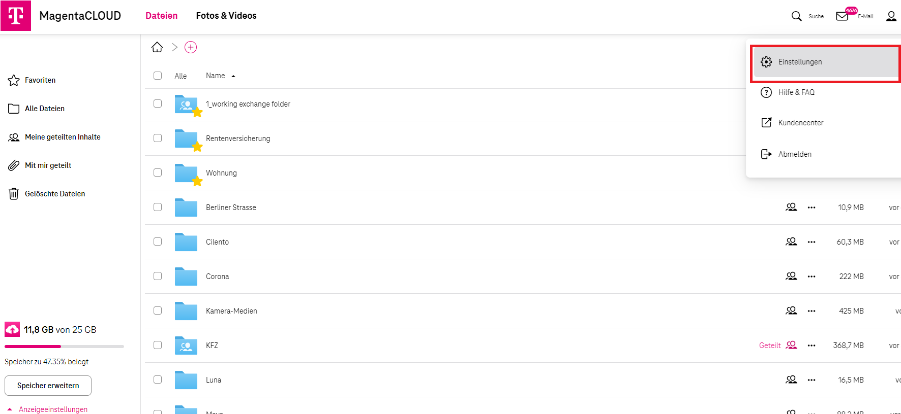 Screenshot aus der MagentaCloud Anwendung: MagentaCLOUD Datenschutz Zwei-Faktor-Authentifizierung-Schritt-1