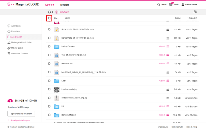 Screenshot aus der MagentaCloud Anwendung:Datenschutz Übersicht