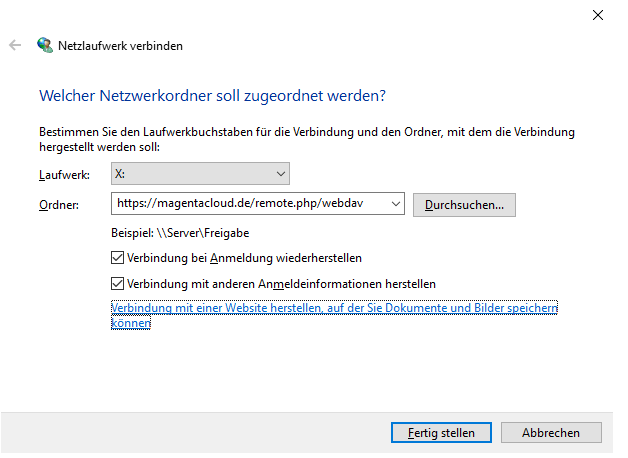 Screenshot aus der MagentaCloud Anwendung: MagentaCloud als Netzlaufwerk in Windows sichern.