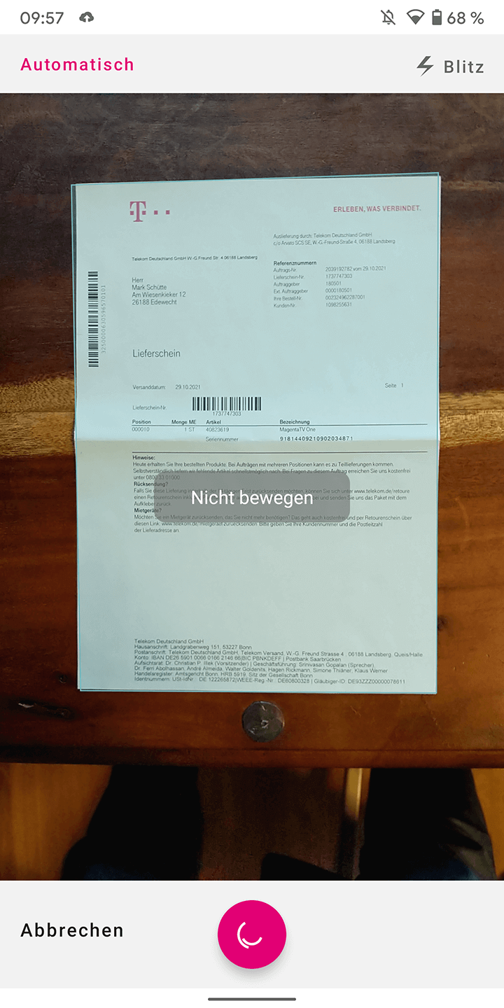 Screenshot aus der MagentaCloud Anwendung: Dokument erfasst und gespeichert. 