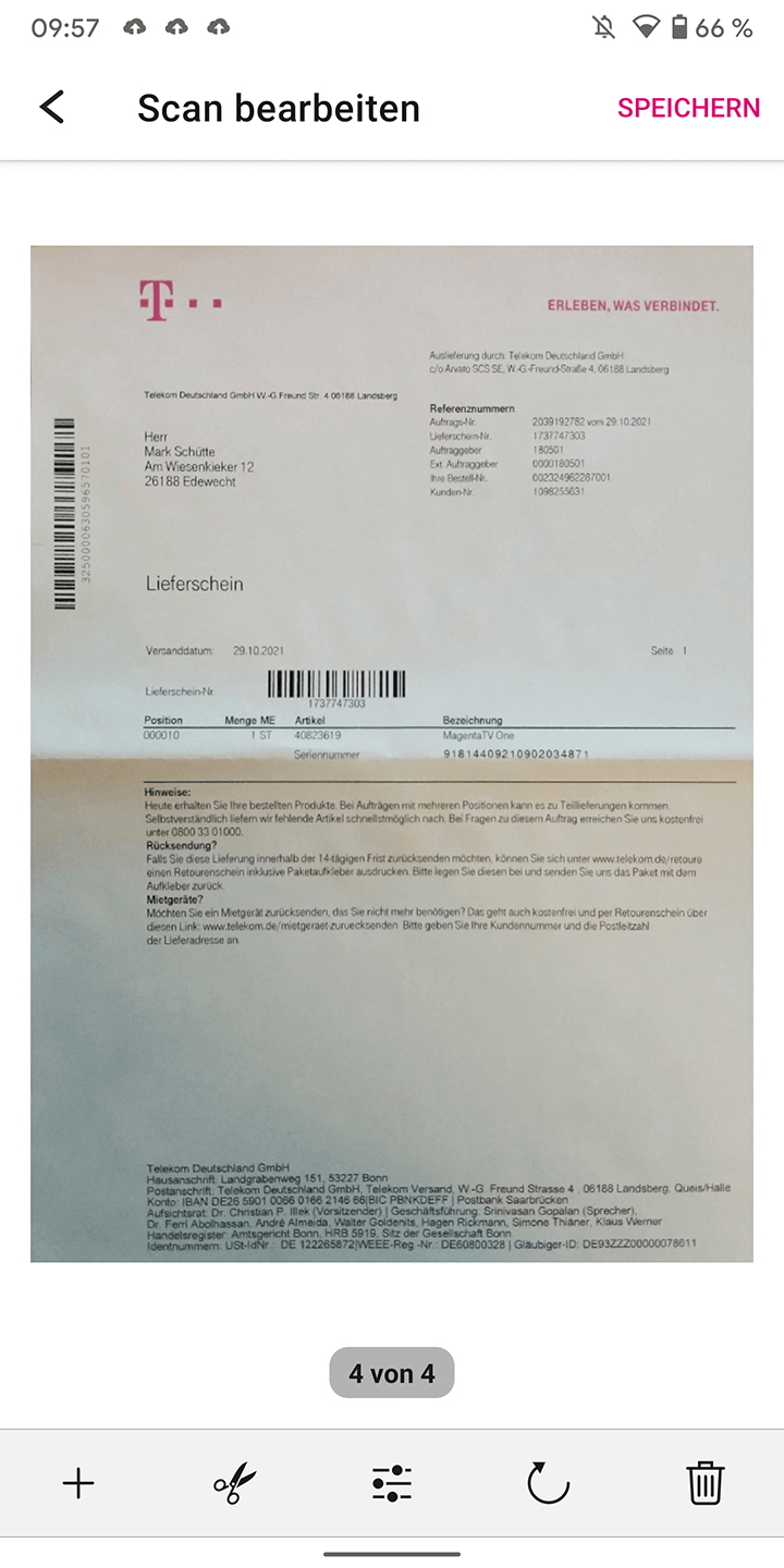 Screenshot aus der MagentaCloud Anwendung: Dokument zuschneiden.