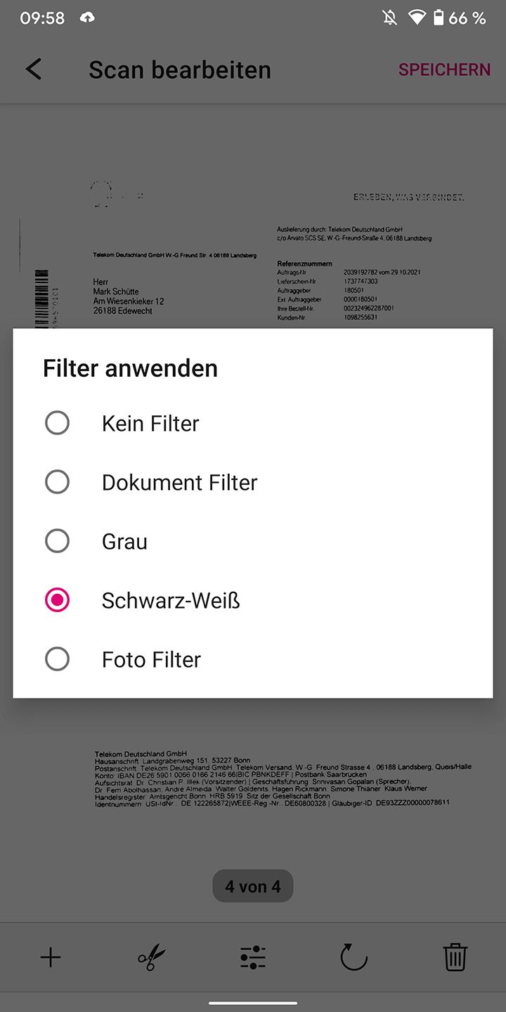 Screenshot aus der MagentaCloud Anwendung: Dokument mit Filter bearbeiten.