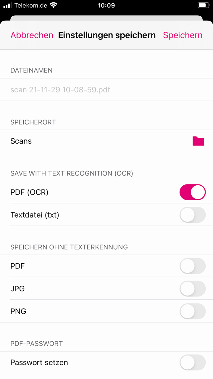 Screenshot aus der MagentaCloud Anwendung: Dokument mit Filter bearbeiten.