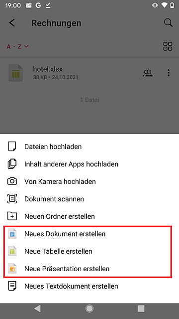 Screenshot aus der MagentaCloud Anwendung: Online Office starten auf Android.
