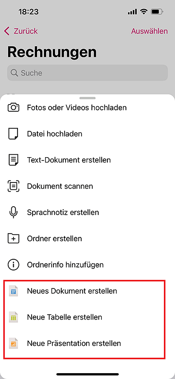 Screenshot aus der MagentaCloud Anwendung: Online Office starten auf iOS.
