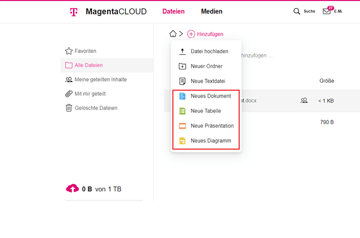 Screenshot aus der MagentaCloud Anwendung: Online Office starten in Webanwendung.