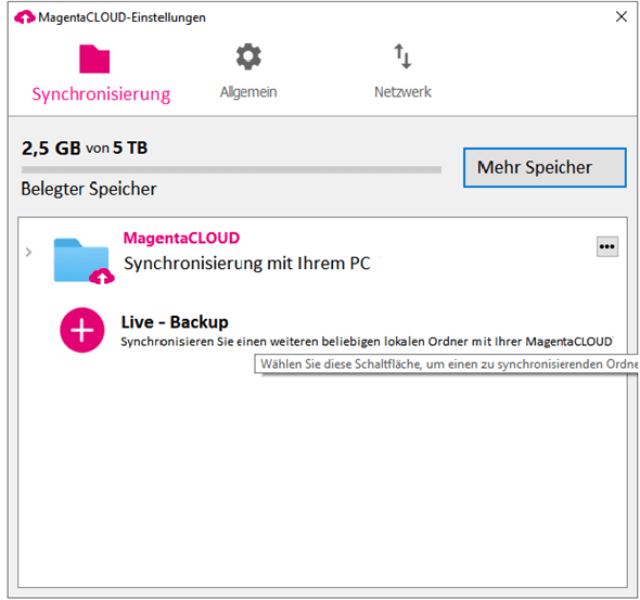 Screenshot aus der MagentaCloud Anwendung: Live-Backup Ordner hinzufügen Schritt 1