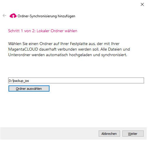 Screenshot aus der MagentaCloud Anwendung: Live-Backup Ordner hinzufügen Schritt 2