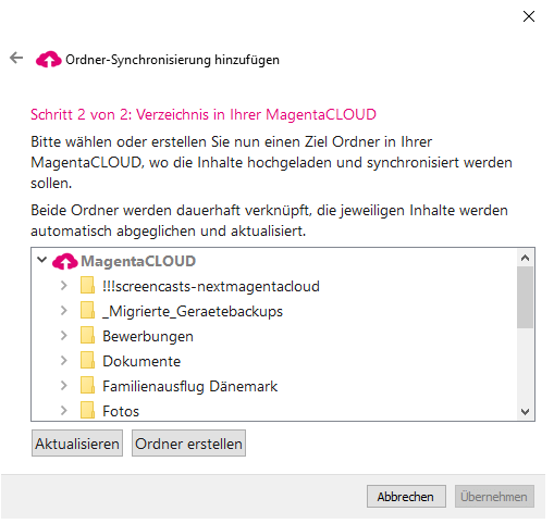Screenshot aus der MagentaCloud Anwendung: Live-Backup Ordner hinzufügen Schritt 3