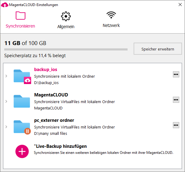 Screenshot aus der MagentaCloud Anwendung: Live-Backup Ordner hinzufügen Schritt 5
