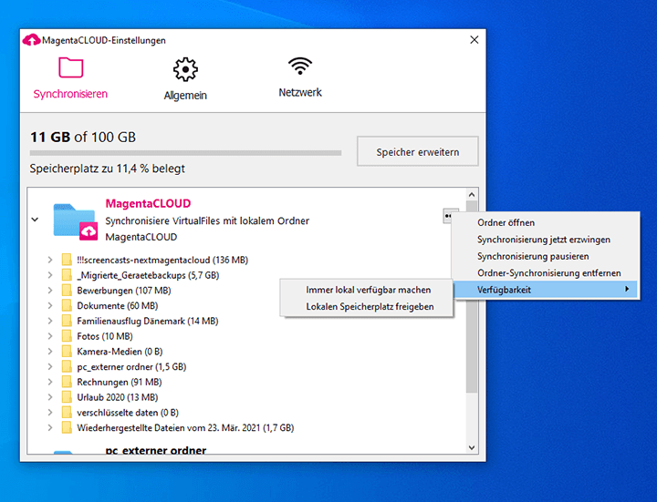 Screenshot aus der MagentaCloud Anwendung: Verfügbarkeit virtuelle Dateien. 