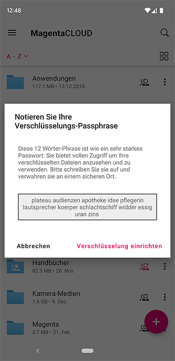 Screenshot aus der MagentaCloud Anwendung: Einrichtung von Verschlüsselung auf Android Teil 3.