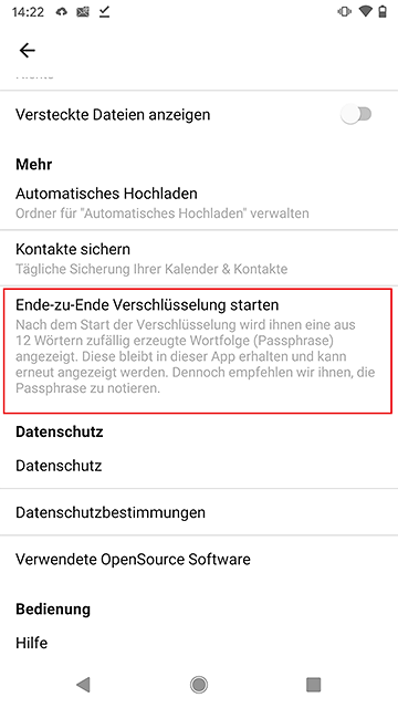 Screenshot aus der MagentaCloud Anwendung: Einrichtung von Verschlüsselung auf Android Teil 2.