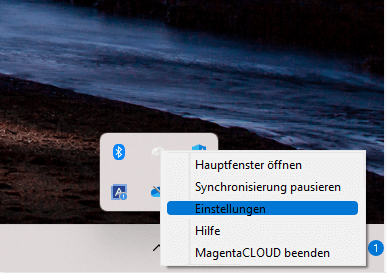 Screenshot aus der MagentaCloud Anwendung: Windows Systray Einstellungen.