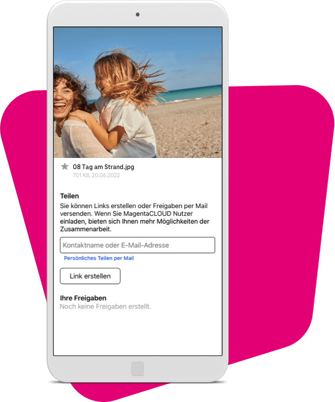 Screenshot aus der MagentaCloud App: Daten teilen.