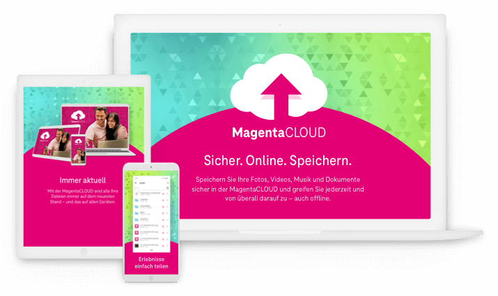 MagentaCLOUD auf verschiedenen Geräten: Laptop, Tablet und Smartphone mit pink-grünem Design. Auf dem Laptop ist der Schriftzug ‚MagentaCLOUD – Sicher. Online. Speichern.‘ zu sehen. Tablet-Ansicht zeigt ‚Immer aktuell‘, Smartphone-Ansicht ‚Erlebnisse einfach teilen